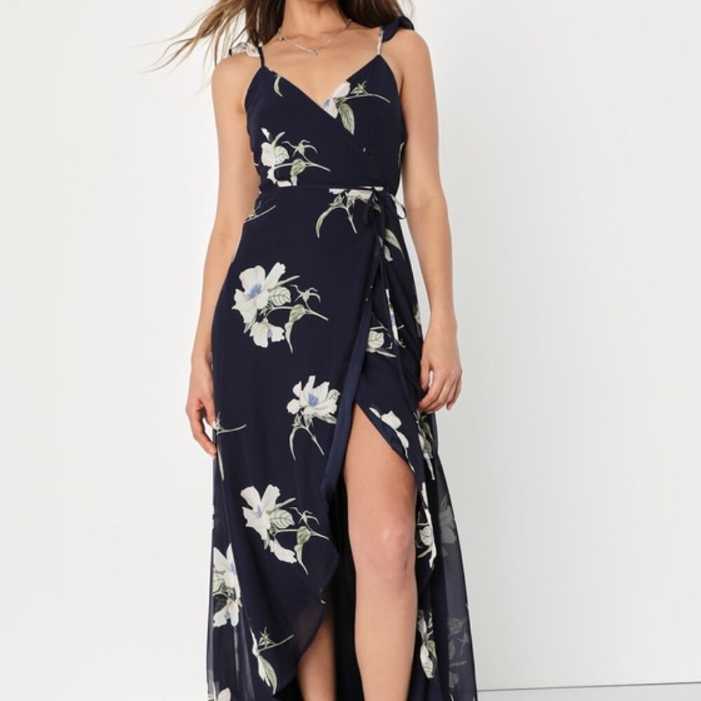 Lulus All Mine Navy Blue Floral Print High-low Wrap Dress - Size L